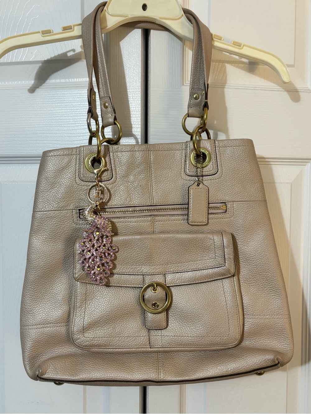 Vintage  pale pink metallic Leather Tote Bag with Front Pocket